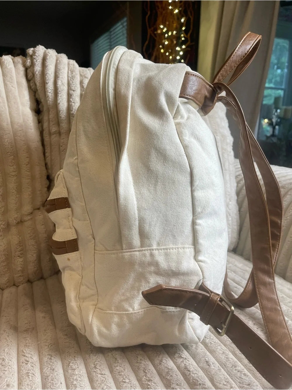 Canvas Backpack Cream White Brown Faux Leather Trim Travel School Bag